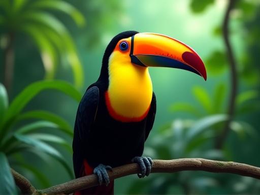 Un tucán de colores vivos posado en una rama en medio de la selva.