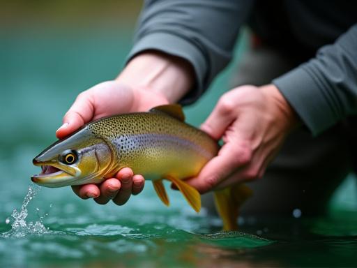 Un pescador liberando cuidadosamente un pez de vuelta al agua clara de un río.