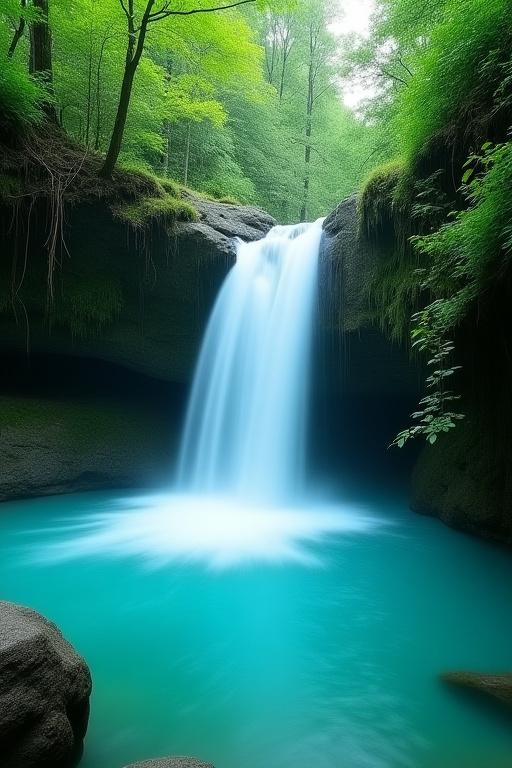 Una cascada escondida cayendo en una poza de agua turquesa.